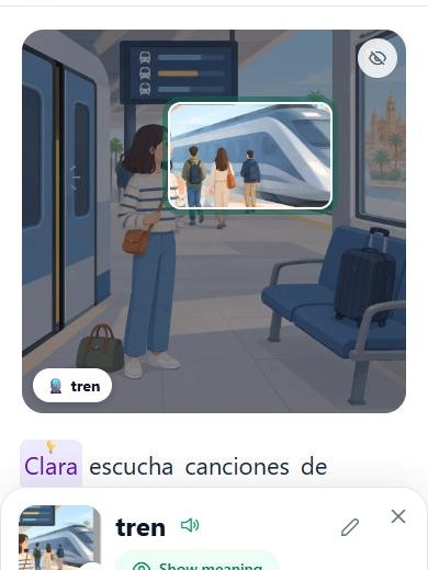 A lesson's picture of a train station, with the train lit up for the word 'tren'